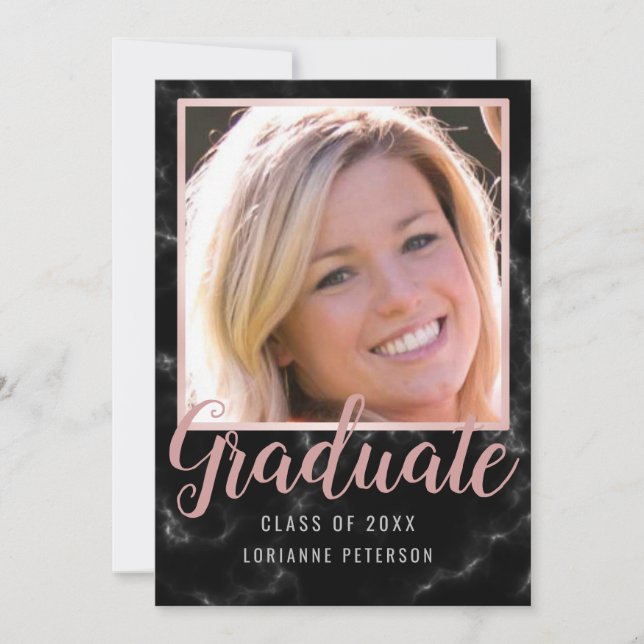 Graduation Black Marble Rose Script Photo Announcement (Front)