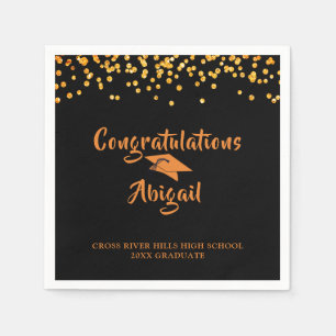 Graduation Black Orange Confetti Brush Script Napkin