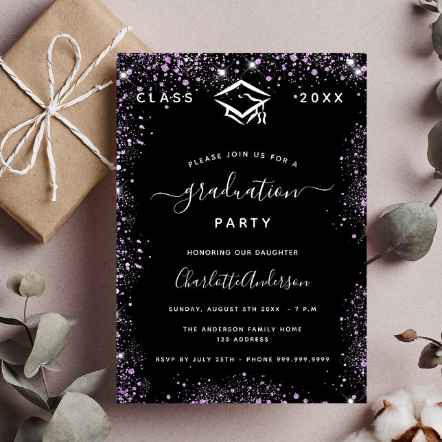 Graduation black purple violet glitter glamorous invitation postcard (Creator Uploaded)