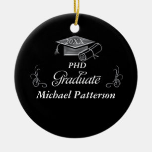 Graduation Black & Silver 3D Look, Cap & Diploma Ceramic Tree Decoration
