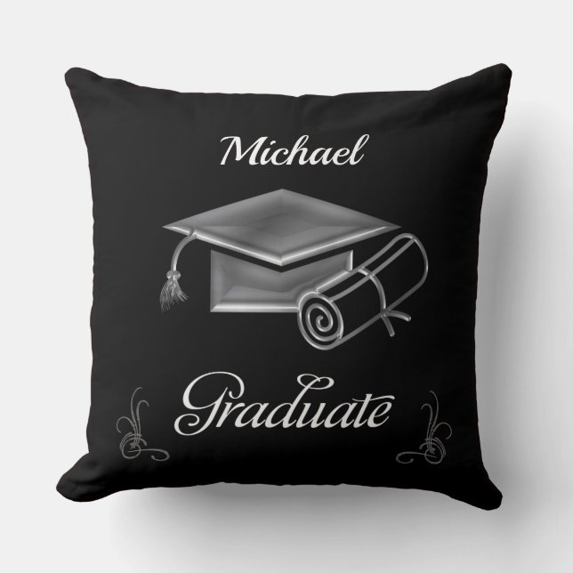 Graduation Black & Silver, Cap & Diploma Cushion (Front)