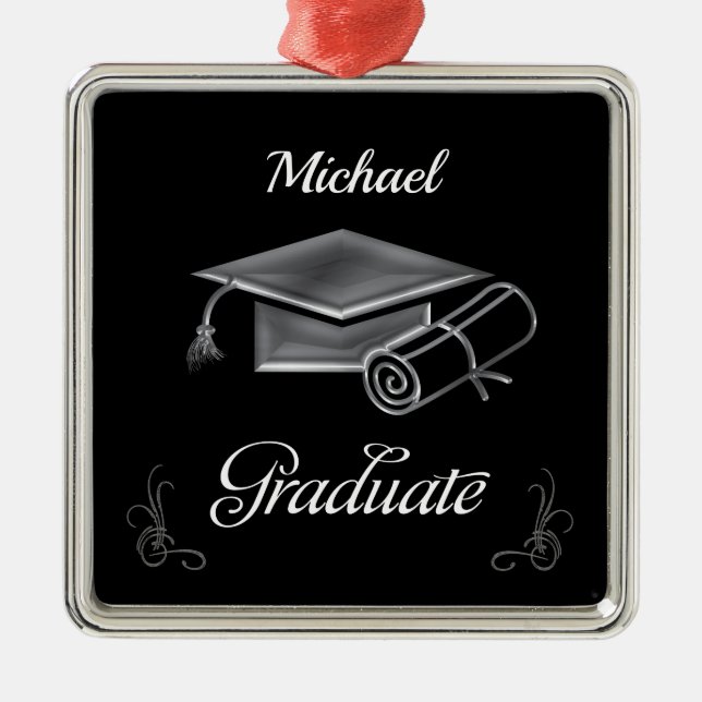 Graduation Black & Silver, Cap & Diploma Metal Tree Decoration (Front)