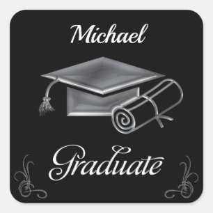 Graduation Black & Silver, Cap & Diploma Square Sticker