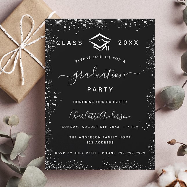 Graduation black silver glitte glamourous invitation postcard (Creator Uploaded)