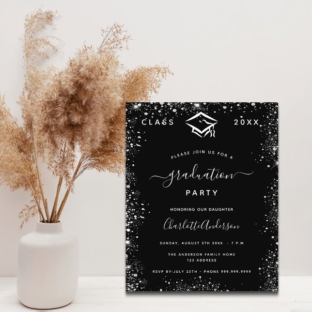 Graduation black silver glitter budget invitation flyer (Creator Uploaded)