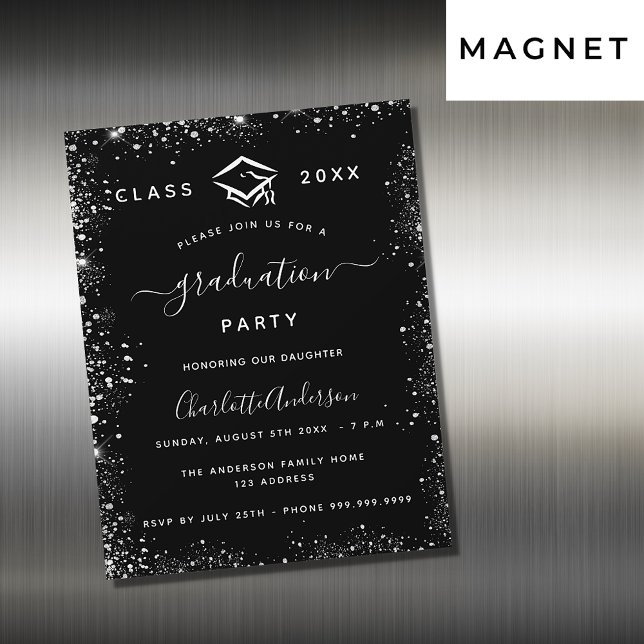 Graduation black silver glitter luxury magnetic invitation (Creator Uploaded)