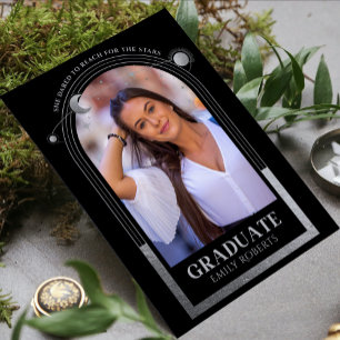 Graduation Black Silver Sun Moon Stars Grad Photo Invitation