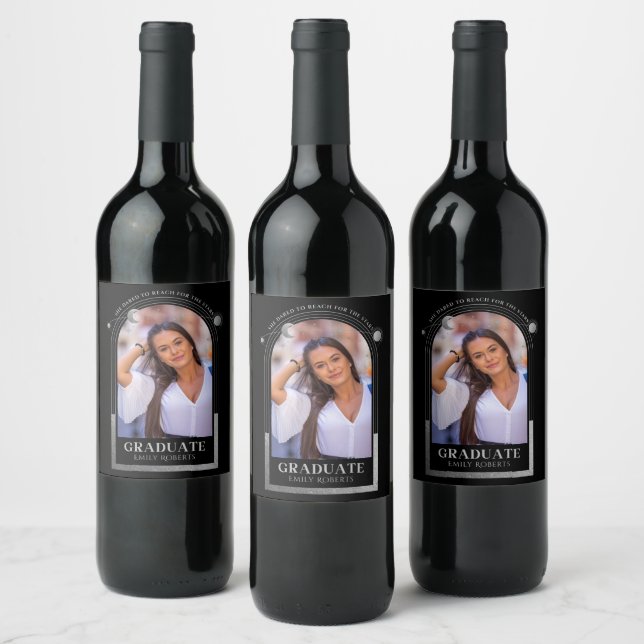 Graduation Black Silver Sun Moon Stars Grad Photo Wine Label (Bottles)
