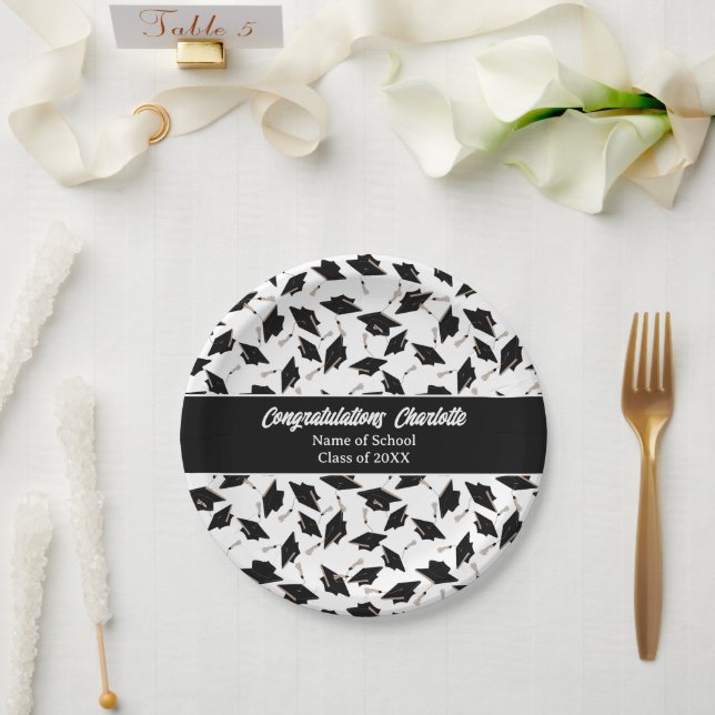 Graduation Black White Caps Party Supplies Paper Plate (Wedding)