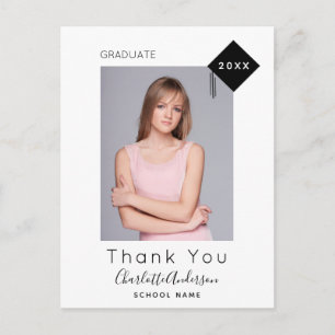 Graduation black white modern photo thank you postcard