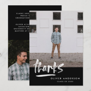 Graduation black white script 3 photo thank you invitation