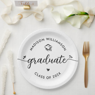 Graduation Black White Script Hearts Cap Modern Paper Plate
