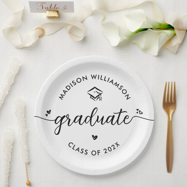Graduation Black White Script Hearts Cap Modern Paper Plate (Wedding)