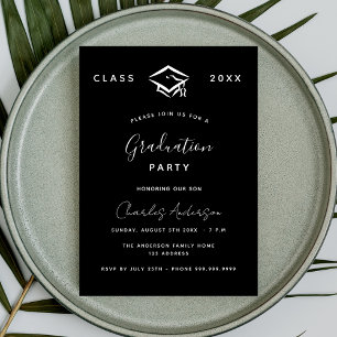 Graduation black white simple 2024 invitation postcard