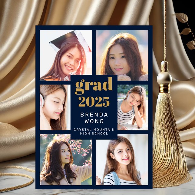 Graduation Blue 6 Photo Collage Gold White Script Announcement (Six Photo Navy Blue Graduation Announcement with Gold and White lettering)