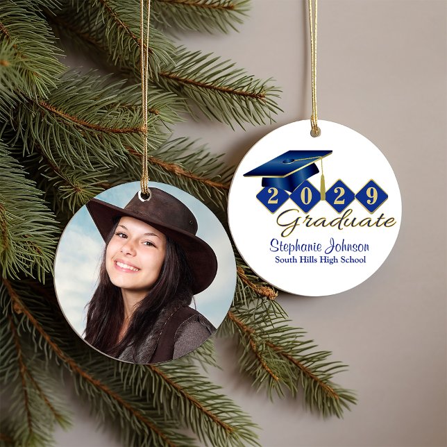 Graduation Blue and Gold Classic 20XX Photo Ceramic Tree Decoration (Graduation Blue and Gold Classic 20XX Photo Ceramic Ornament)