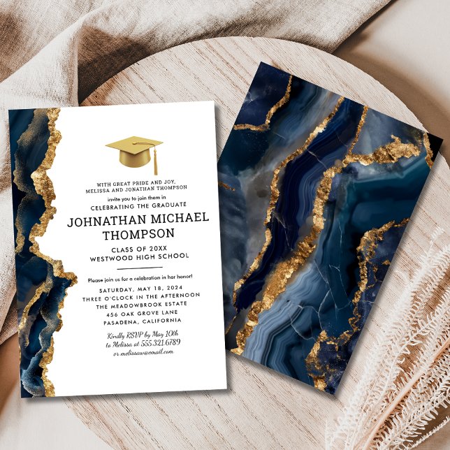 Graduation Blue Gold Agate Graduation Invitation (Creator Uploaded)