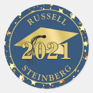 Graduation Blue Gold Stars Name Year Classic Round Sticker