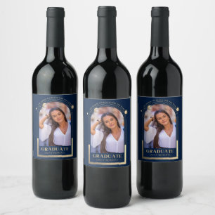 Graduation Blue Gold Sun Moon Stars Grad Photo Wine Label