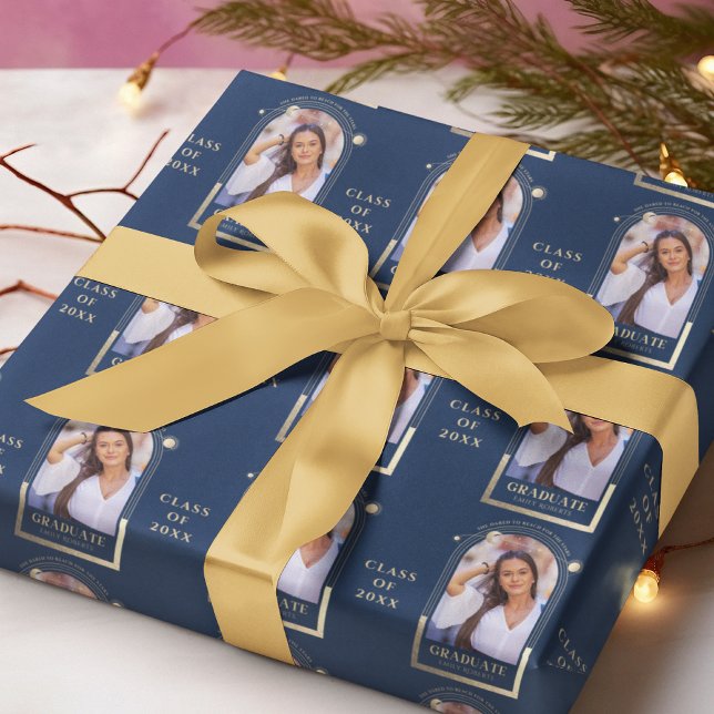 Graduation Blue Gold Sun Moon Stars Grad Photo Wrapping Paper (Creator Uploaded)