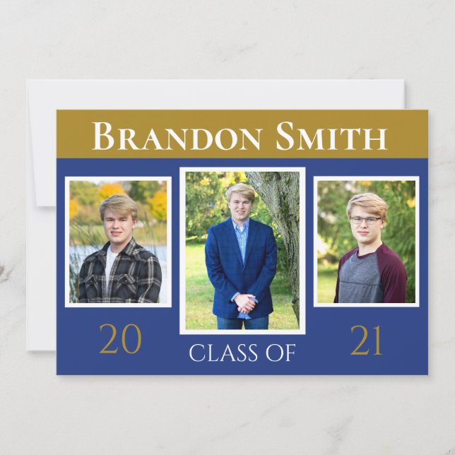 Graduation Blue Gold Three Photo Front Invitation (Front)
