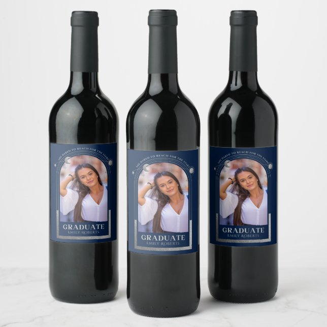 Graduation Blue Silver Sun Moon Stars Grad Photo Wine Label (Bottles)