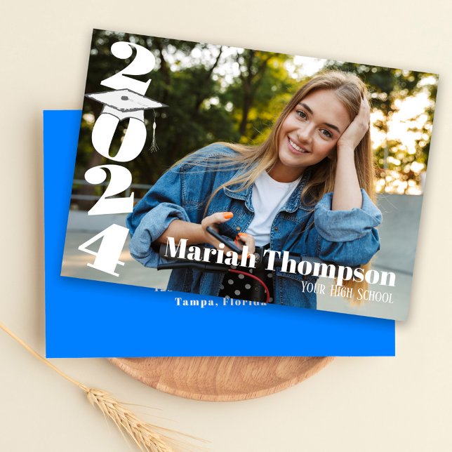 Graduation Blue Typography Photo Class Of 2023 Invitation (Graduation invitation announcement card with azure blue school colors. )