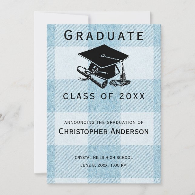 Graduation Blue White Plaid Black Grad Cap Diploma Announcement (Front)