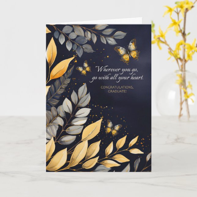 Graduation Botanical Leaves Butterflies Card (Yellow Flower)