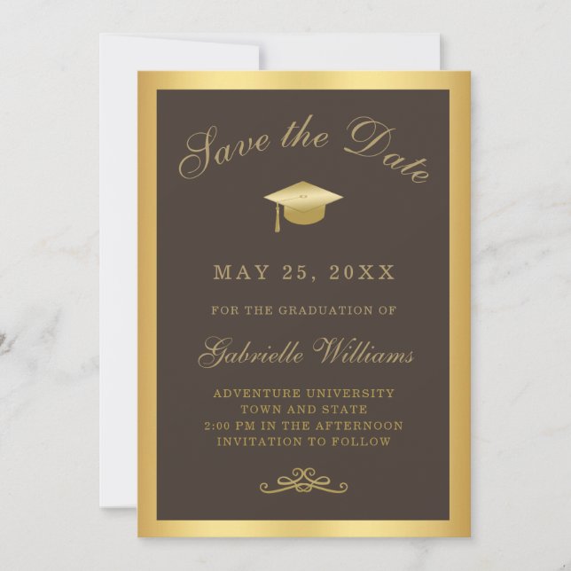 Graduation Brown Gold Script Frame Save the Date Announcement (Front)