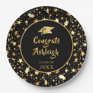 Graduation Brush Script Gold Stars Black Paper Plate