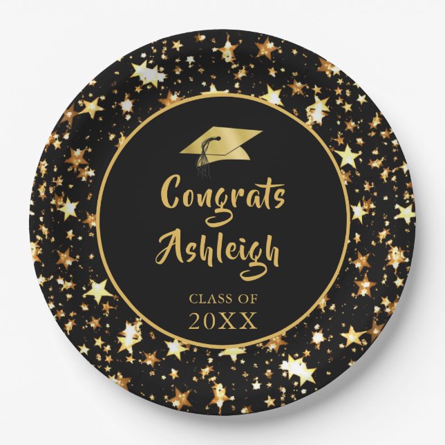 Graduation Brush Script Gold Stars Black Paper Plate (Front)