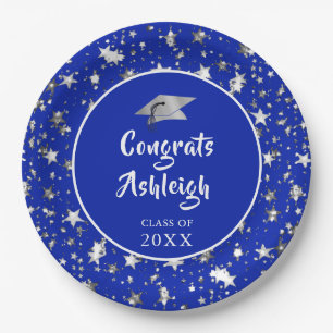 Graduation Brush Script Silver Stars Royal Blue Paper Plate