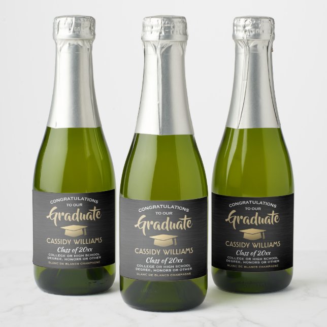 Graduation Brushed Black Gold and White Mini Split Sparkling Wine Label (Bottles)