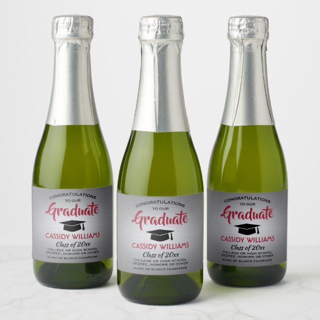 Graduation Brushed Grey Red and Black Mini Split Sparkling Wine Label (Bottles)