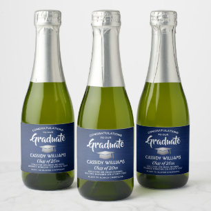 Graduation Brushed Navy Blue and White Mini Split Sparkling Wine Label