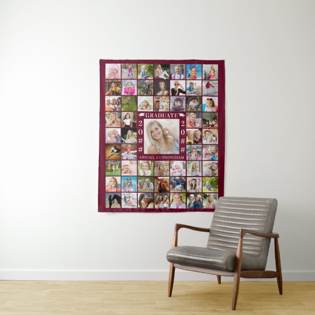 Graduation Burgundy 55 Photo Collage Backdrop Tapestry (In Situ)