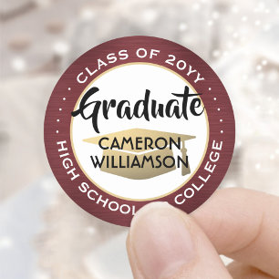 Graduation Burgundy Gold Red White Modern Elegant Classic Round Sticker