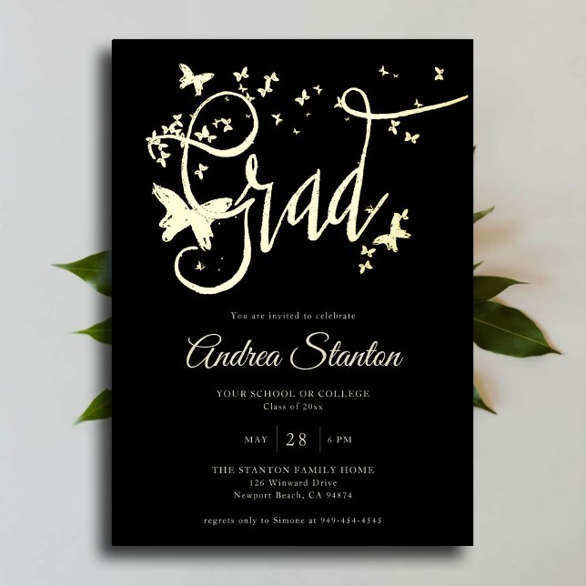 Graduation Butterflies Grad Calligraphy Elegant (graduation party invitation gold foil butterflies handwritten high school college university grad)
