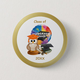 Graduation Button. Owl, Mortar cap, diploma, books 6 Cm Round Badge