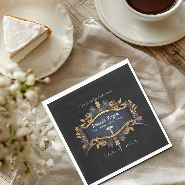 Graduation Caduceus Elegant Black Gold White Napkin (Creator Uploaded)