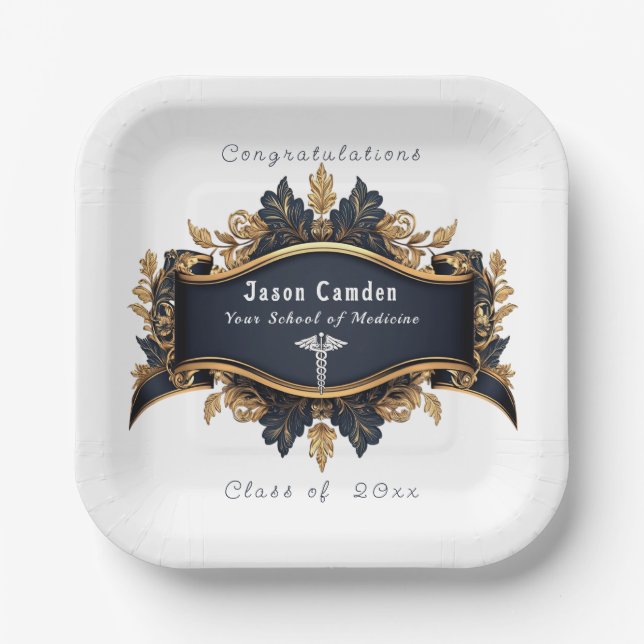 Graduation Caduceus Elegant Black Gold White Paper Plate (Front)