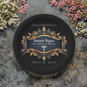 Graduation Caduceus Elegant Black Gold White Paper Plate