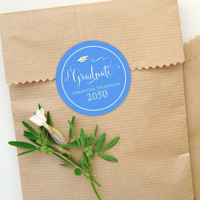Graduation Calligraphy Script Elegant Blue Cap Classic Round Sticker (Creator Uploaded)