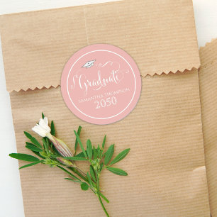 Graduation Calligraphy Script Elegant Peach Cap Classic Round Sticker