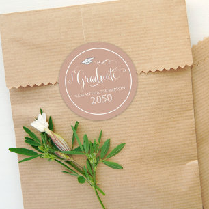 Graduation Calligraphy Script Elegant Tan Cap Classic Round Sticker
