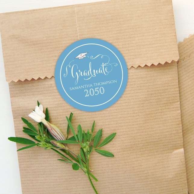 Graduation Calligraphy Script Elegant Teal Cap Classic Round Sticker (Creator Uploaded)