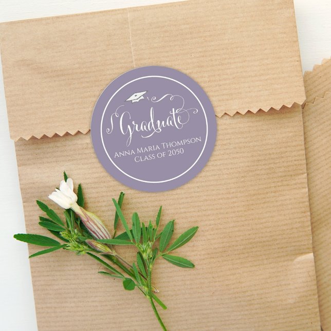 Graduation Calligraphy Script Simple Pretty Purple Classic Round Sticker (Creator Uploaded)