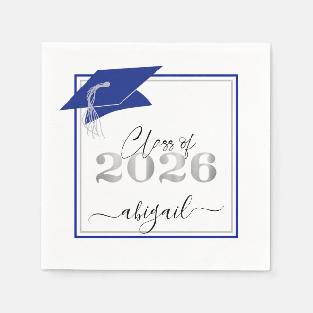 Graduation Cap 2025 Royal Blue Silver Script Napkin (Front)