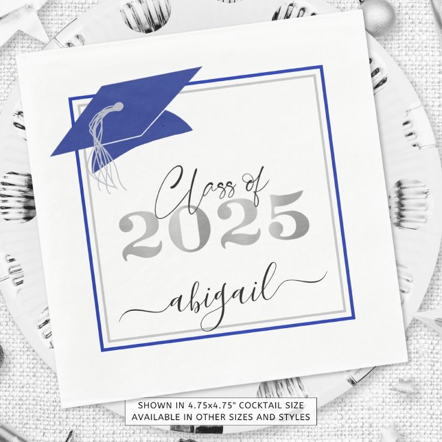 Graduation Cap 2025 Royal Blue Silver Script Napkin (Creator Uploaded)
